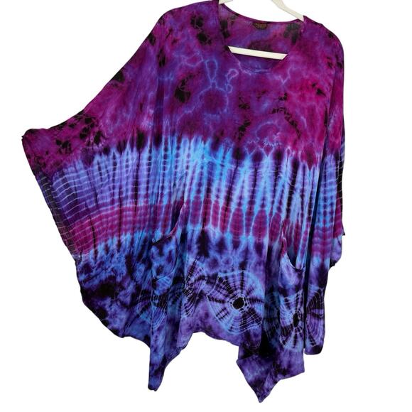 Advanced Apparel Boxy Tunic Top O/S One size Purple Watercolor Pockets Lagenlook - Picture 2 of 8